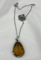 Natural Tiger Eye Gemstone Teardrop in Floral Setting Pendant on Chain