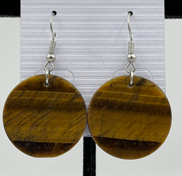 Natural Tiger Eye Gemstone Flat Disk Sterling Silver Dangle Earrings