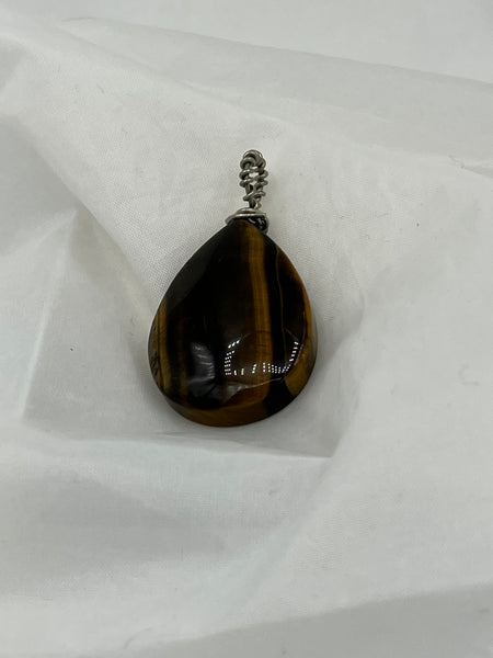 Natural Tiger Eye Gemstone Carved Puffed Teardrop Pendant