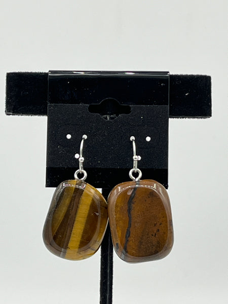 Natural Tiger Eye Gemstone Tumbled Rectangle Sterling Silver Dangle Earrings