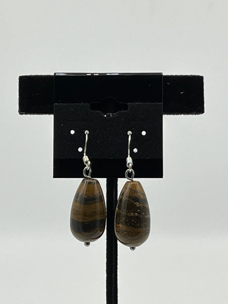 Natural Tiger Iron Gemstone Teardrop Beaded Sterling Silver Dangle Earrings