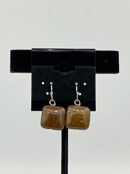 Natural Tiger Iron Gemstone Square Beaded Sterling Silver Dangle Earrings