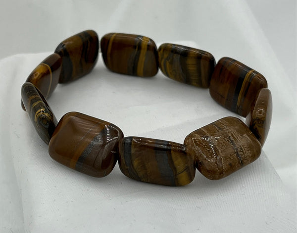 Natural Tiger Iron Gemstone Puffed Rectangles Beaded Stretch Bracelet