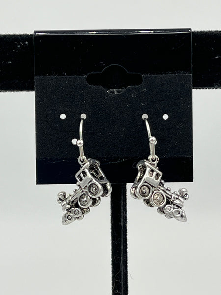 Silvertone 3D Train Charm Dangle Earrings with Sterling Silver Hooks