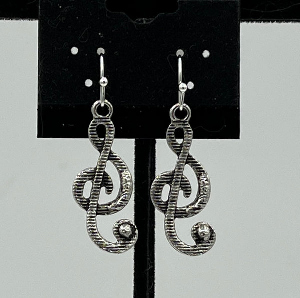 Silvertone Trebble Cleff Charm Dangle Earrings with Sterling Silver Hooks