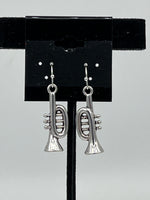 Silvertone 3D Trumpet Charm Dangle Earrings with Sterling Silver Hooks