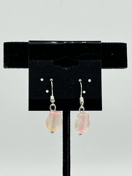 Cream and Pink Dainty Glass Tulip Flower Beaded Sterling Silver Dangle Earrings