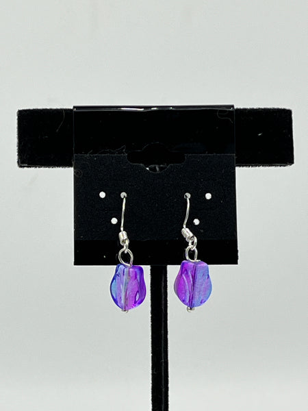 Purple and Blue Glass Dainty Tulip Flower Beaded Sterling Silver Dangle Earrings