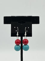 Natural Turquoise and Red Coral Gemstone Round Beaded Sterling Silver Earrings