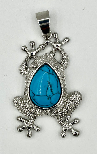 Natural Turquoise Gemstone Teardrop Cabochon in Silvertone Frog Pendant