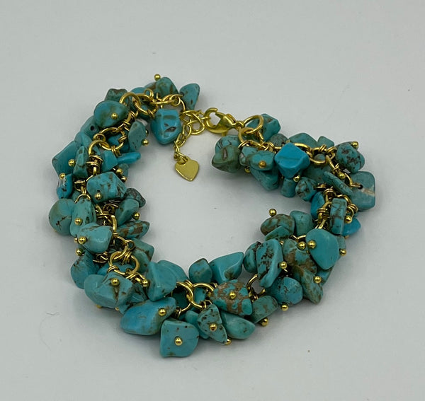 Natural Turquoise Gemstone Chips Adjustable Goldtone Link Charm Bracelet