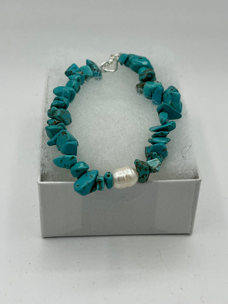 Natural Turquoise Gemstone Chip and White Pearl Beaded Sterling Silver Bracelet