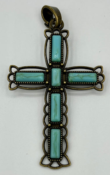 Turquoise Gemstone and Silvertone Large Cross Pendant