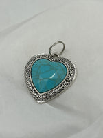 Faceted Synthetic Turquoise Heart in Silver Tone Pendant