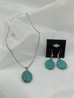 Natural Turquoise Gemstone Oval Pendant On Chain and Dangle Earrings Set