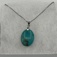 Natural Turquoise Gemstone Oval Pendant on Silvertone Chain Necklace