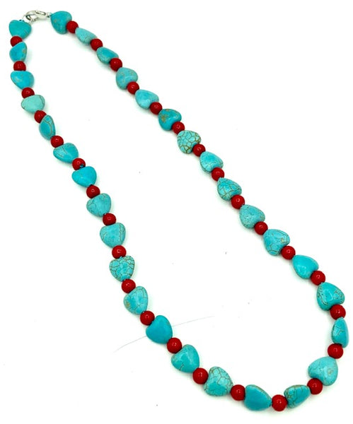 Natural Turquoise and Red Coral Gemstone Heart and Round Beaded Necklace