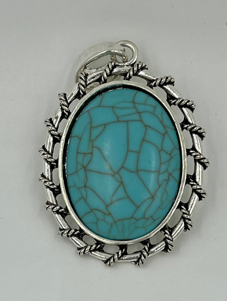 Turquoise Gemstone Large Oval Cabochon in Fancy Silvertone Pendant