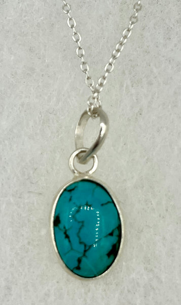 Natural Turquoise Gemstone Oval Cabochon Sterling Silver Pendant on Chain