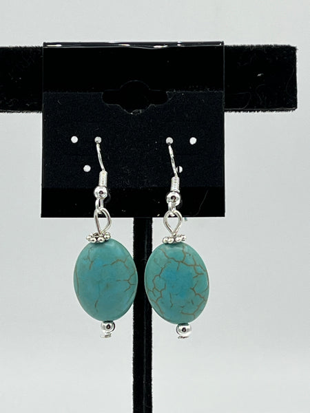 Natural Turquoise Gemstone Oval Beaded Sterling Silver Dangle Earrings