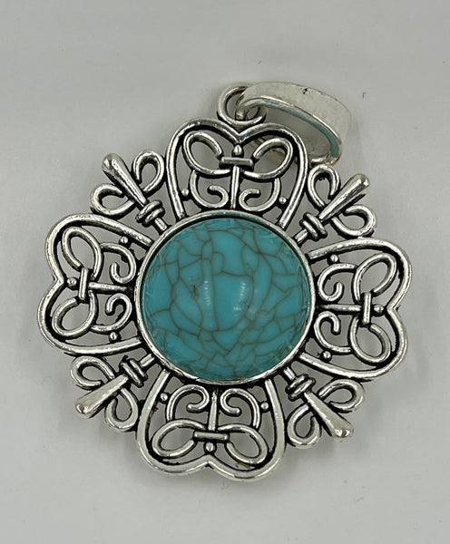 Turquoise Gemstone Round Cabochon in Silvertone Sun Pendant