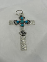 Dyed Turquoise Gemstone Round Cabochons in Silver Tone Large Cross Pendant