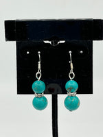 Natural Turquoise Gemstone Round Beaded Sterling Silver Dangle Earrings