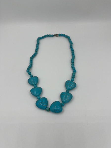 Natural Turquoise Gemstone Large Heart and Small Round Beaded Necklace