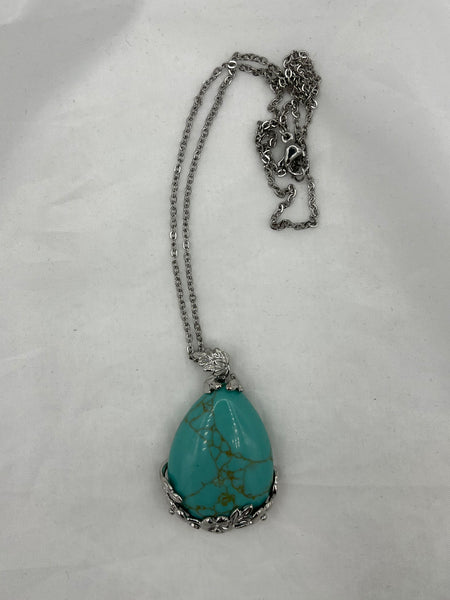 Natural Turquoise Gemstone Teardrop in Silvertone Floral Setting Pendant