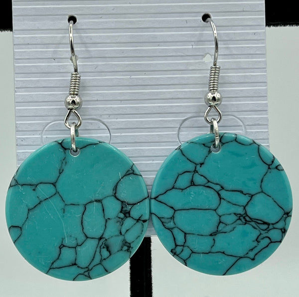 Natural Turquoise Gemstone Flat Disk Sterling Silver Dangle Earrings