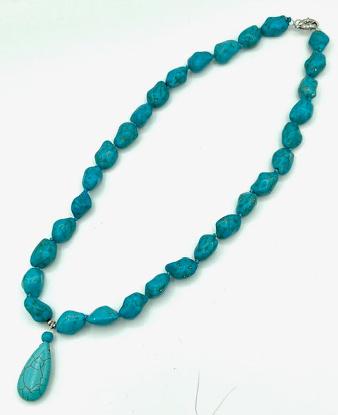 Natural Turquoise Gemstone Tumbled Beaded Necklace with Teardrop Pendant
