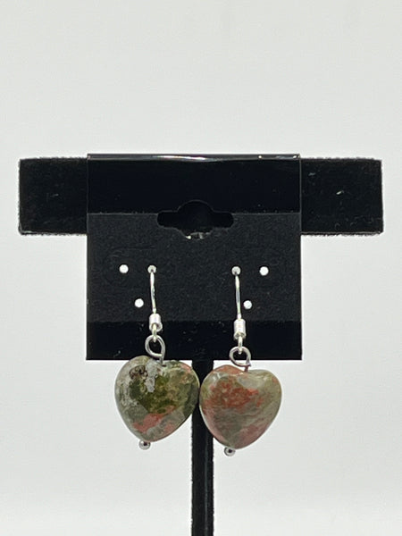 Natural Unakite Gemstone Faceted Hearts Beaded Sterling Silver Dangle Earrings
