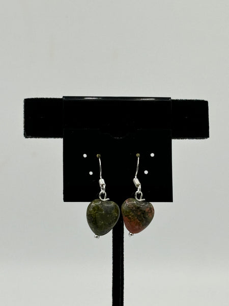 Natural Unakite Gemstone Puffed Heart Beaded Sterling Silver Dangle Earrings