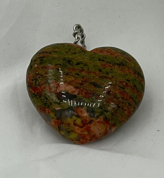 Natural Unakite Gemstone Carved Puffed Heart Pendant