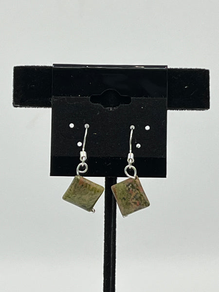 Natural Unakite Gemstone Flat Diamond Beaded Sterling Silver Dangle Earrings