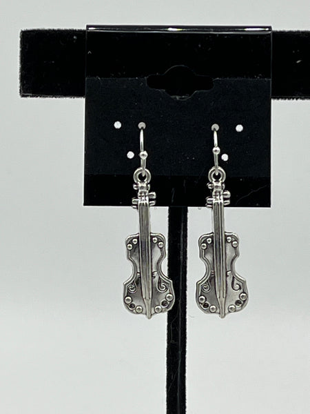 Silvertone Violin Charm Dangle Earrings with Sterling Silver Hooks