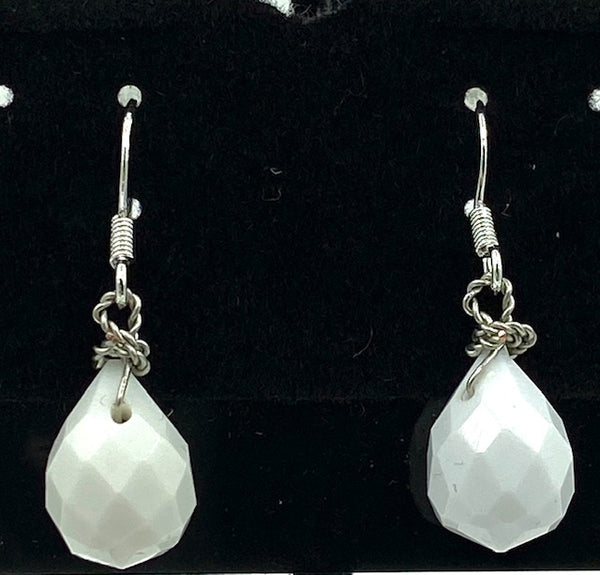 Natural White Agate Gemstone Faceted Teardrop Beaded Sterling Silver Earrings