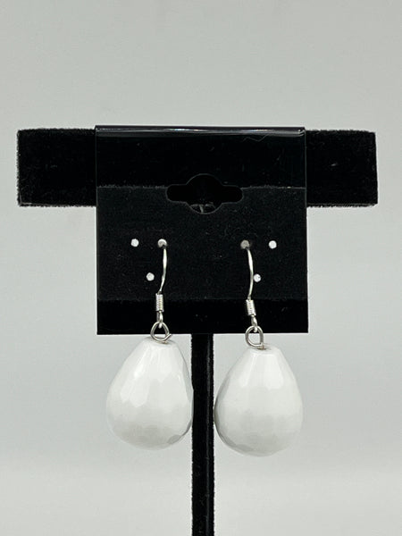Natural White Agate Gemstone Faceted Teardrop Sterling Silver Dangle Earrings