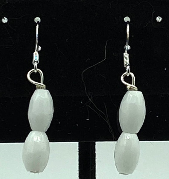 Natural White Agate Gemstone Faceted Rice Beaded Sterling Silver Dangle Earrings