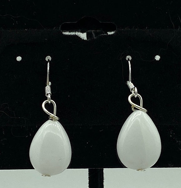 Natural White Agate Gemstone Teardrops Beaded Sterling Silver Dangle Earrings