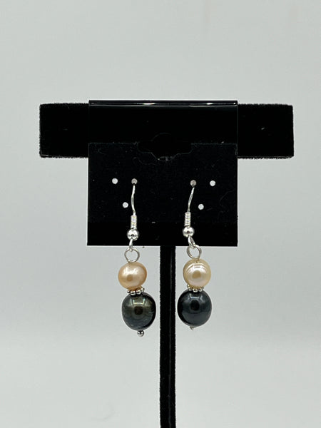 Natural Black and White Pearl Gemstone Beaded Sterling Silver Dangle Earrings