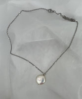 Natural White Coin Pearl Gemstone Pendant on Silver Chain Necklace