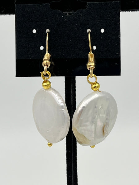 Natural White Coin Pearl Gemstone Beaded Gold Tone Dangle Earrings