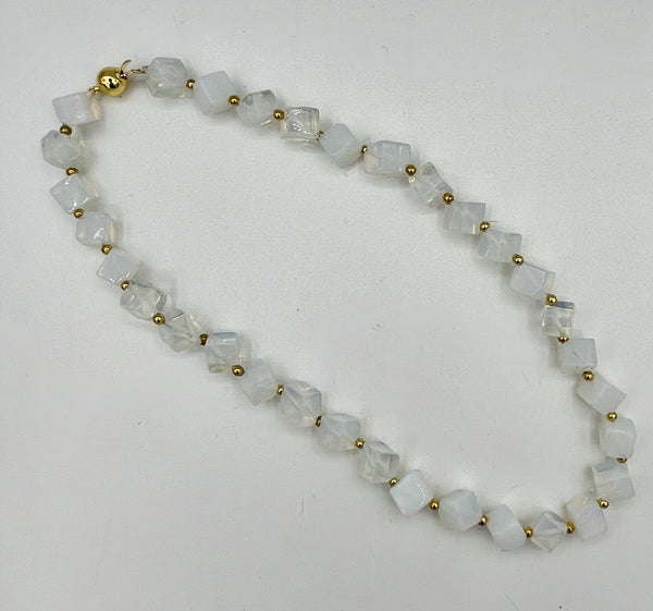 Natural White Moonstone Gemstone Cubes and Gold Tone Accent Beaded Necklace