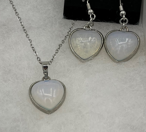 Natural White Opal Gemstone Heart Pendant on Chain and Dangle Earrings Set