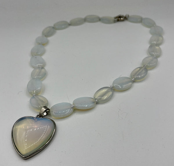 Natural White Opal Gemstone Ovals Beaded Necklace with Heart Pendant