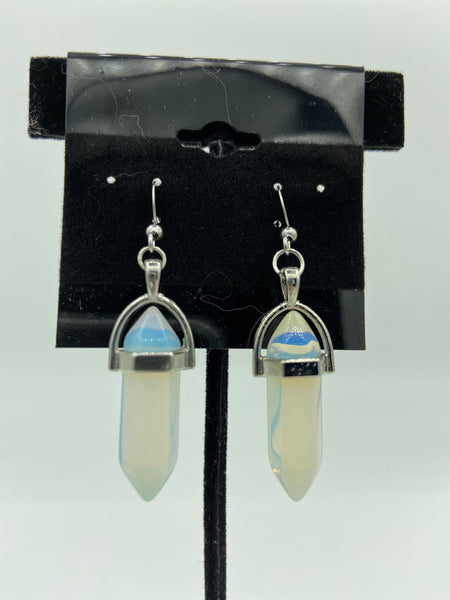 Natural White Opal Gemstone Double Terminated Point Dangle Earrings