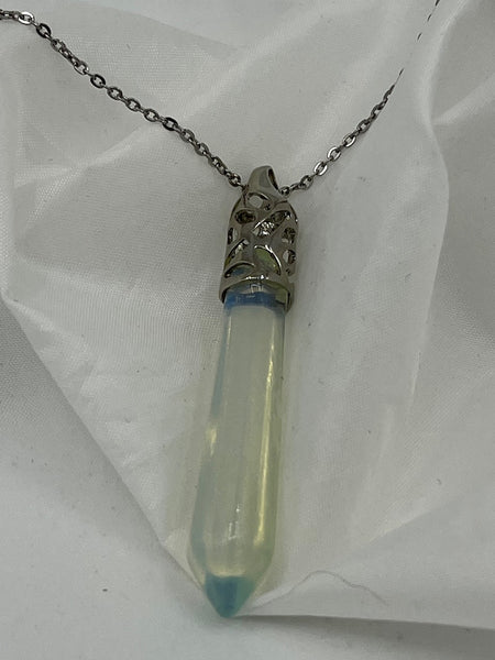 Natural White Opal Gemstone Point Pendant on Silvertone Chain Necklace