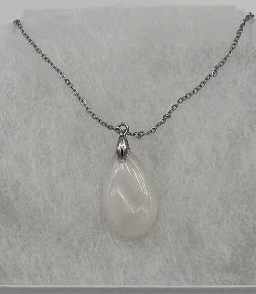 Natural White Opal Gemstone Teardrop Pendant on Silvertone Chain Necklace