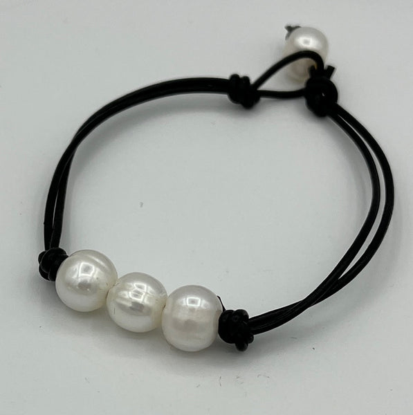 Natural White Pearl Gemstone and Black Leather Cord Beaded Bracelet